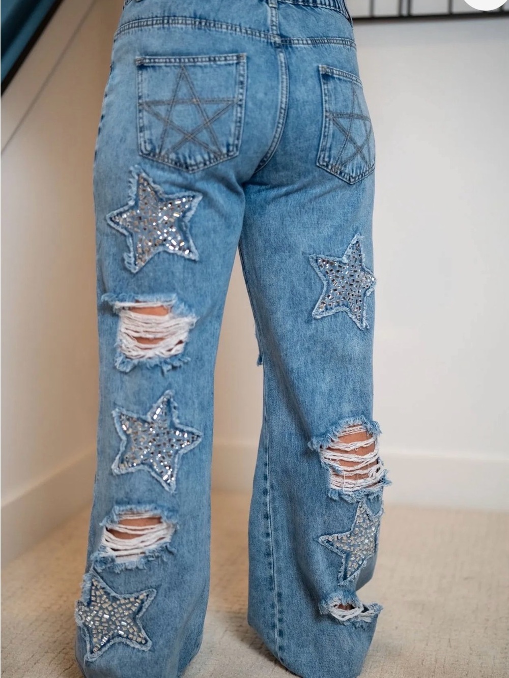 Oli &Hali Blue Silver Distressed Star Flare Jeans - Picture 2 of 5